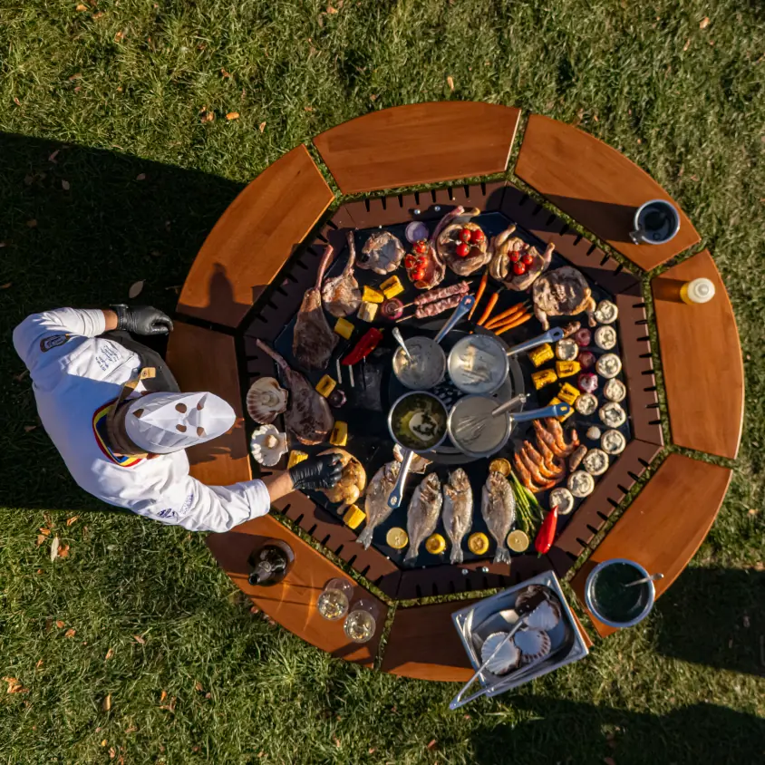 CRATERFLAME Meteorite Grill in use viewed by a drone from above